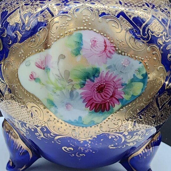 Antique Porcelain Biscuit Jar Hand-Painted Cobalt Blue & Gold Porcelain Lidded - Picture 12 of 13